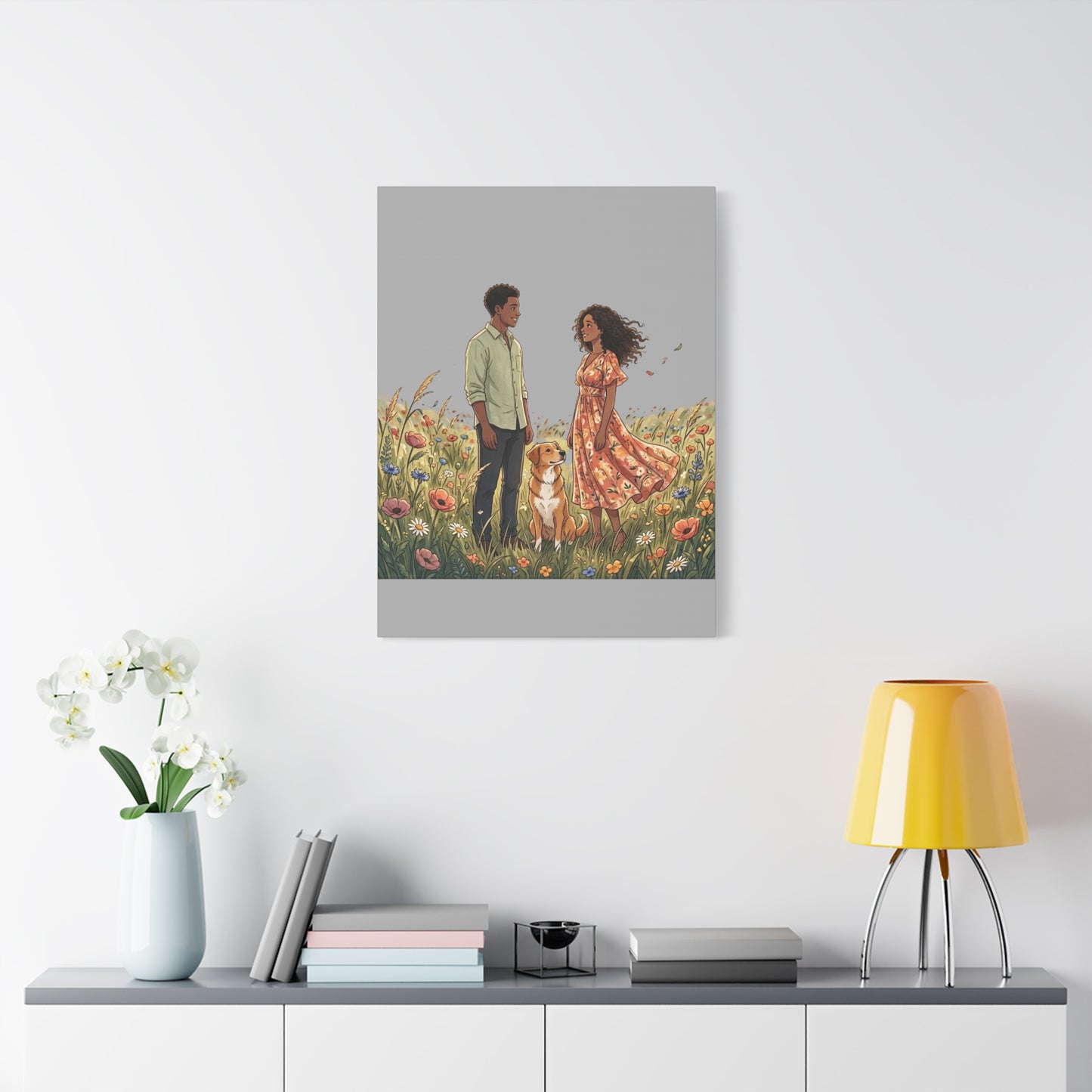 Romantic Couple in Wildflower Field Canvas Art — Black Love Wall Decor with Dog