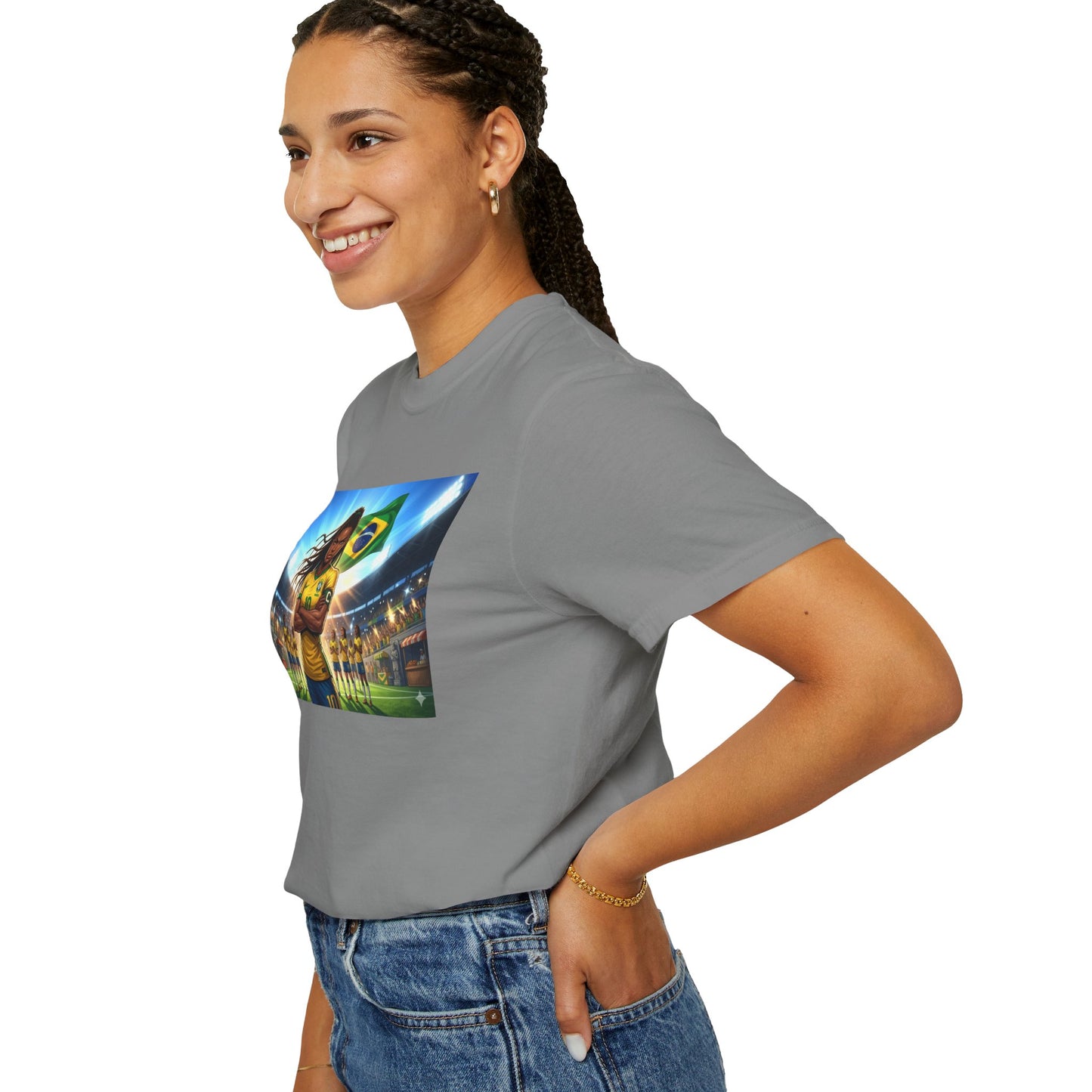 Brazil Soccer Captain T-Shirt — Player Holding Ball with Brazilian Flag Stadium Graphic