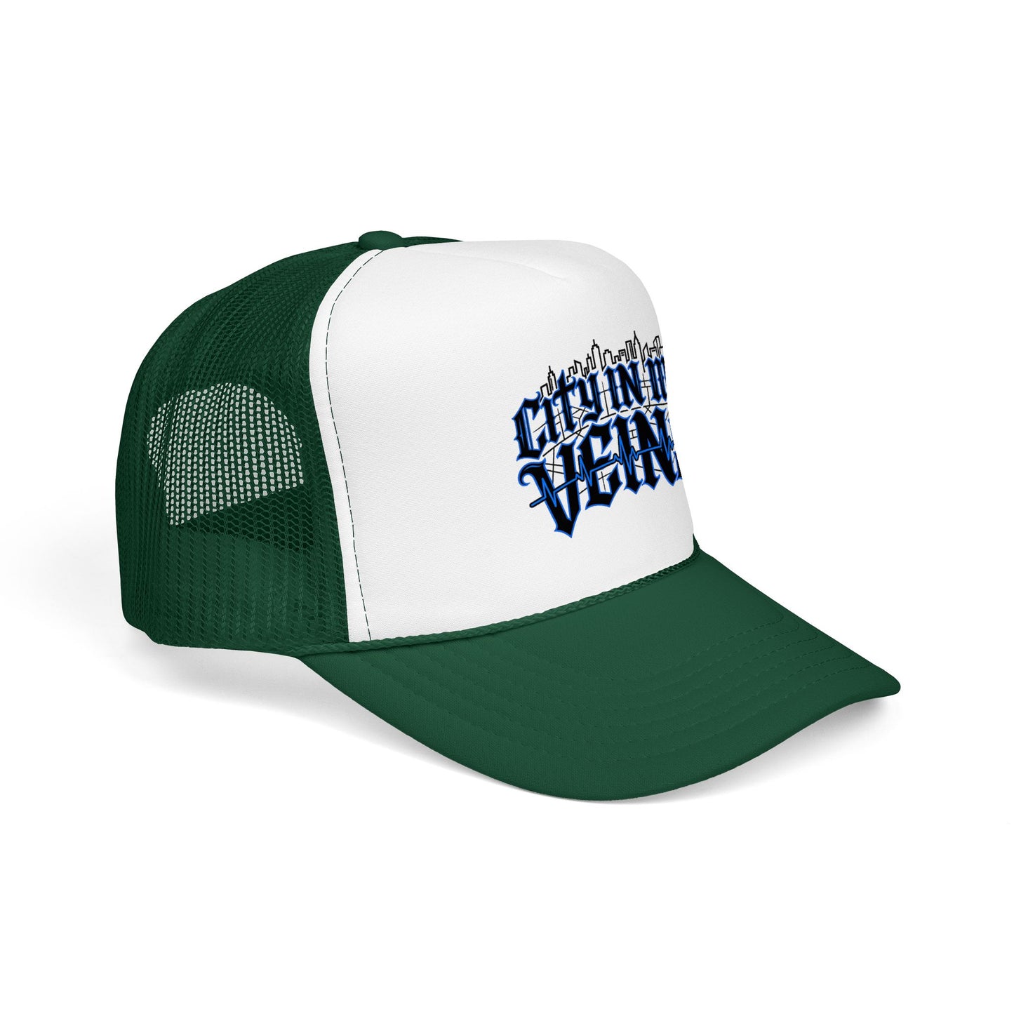 City In My Veins Foam Trucker Hat — Urban Gothic Blue Embroidered Cap