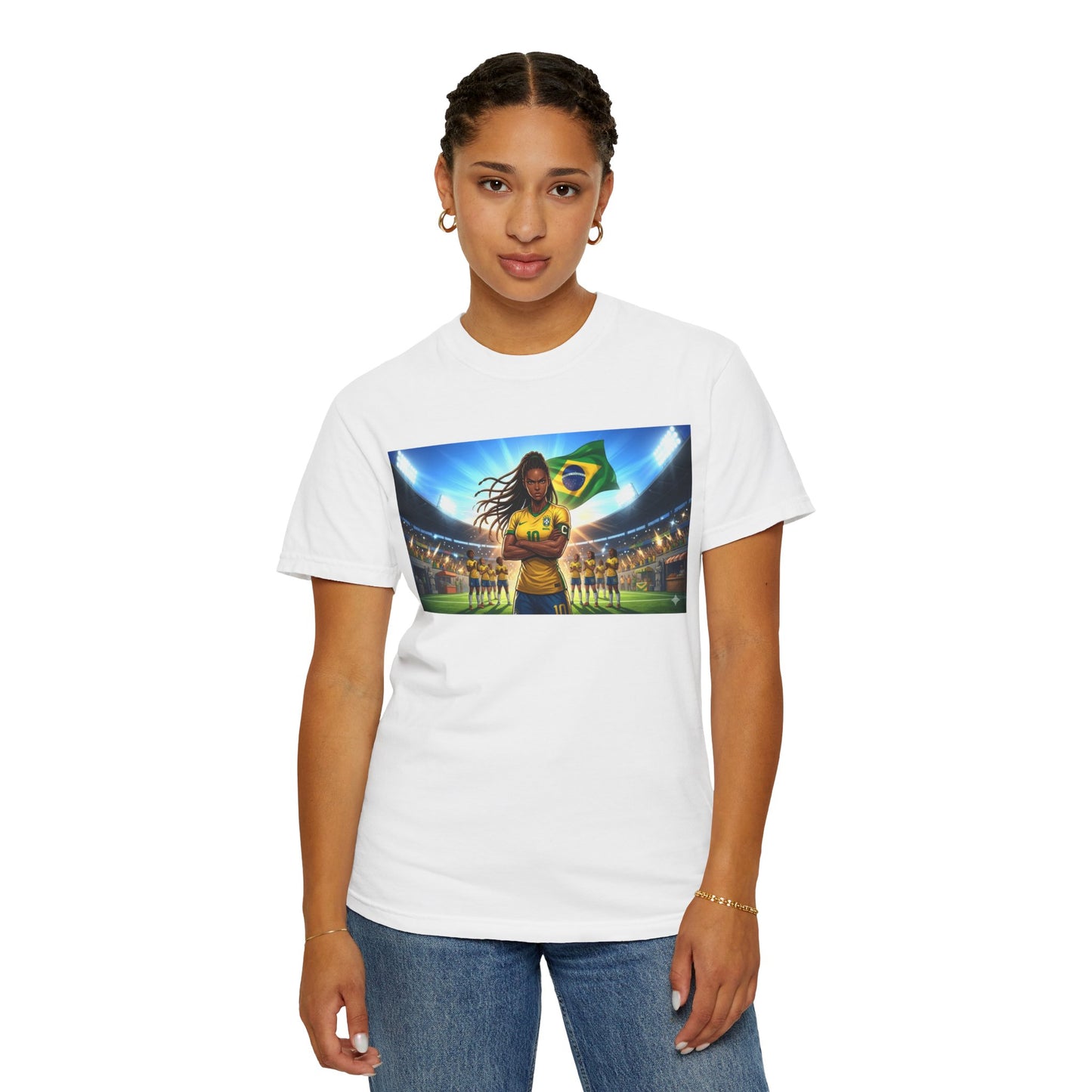 Brazil Soccer Captain T-Shirt — Player Holding Ball with Brazilian Flag Stadium Graphic