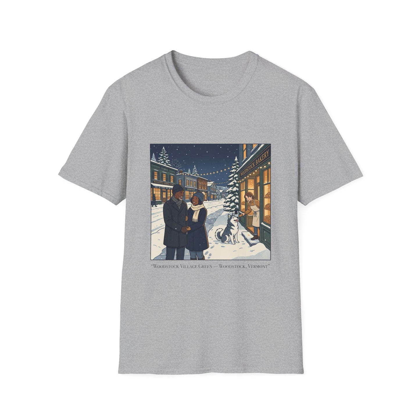 Winter String Lights Stroll T-Shirt — Cozy Holiday Street Scene Graphic Tee