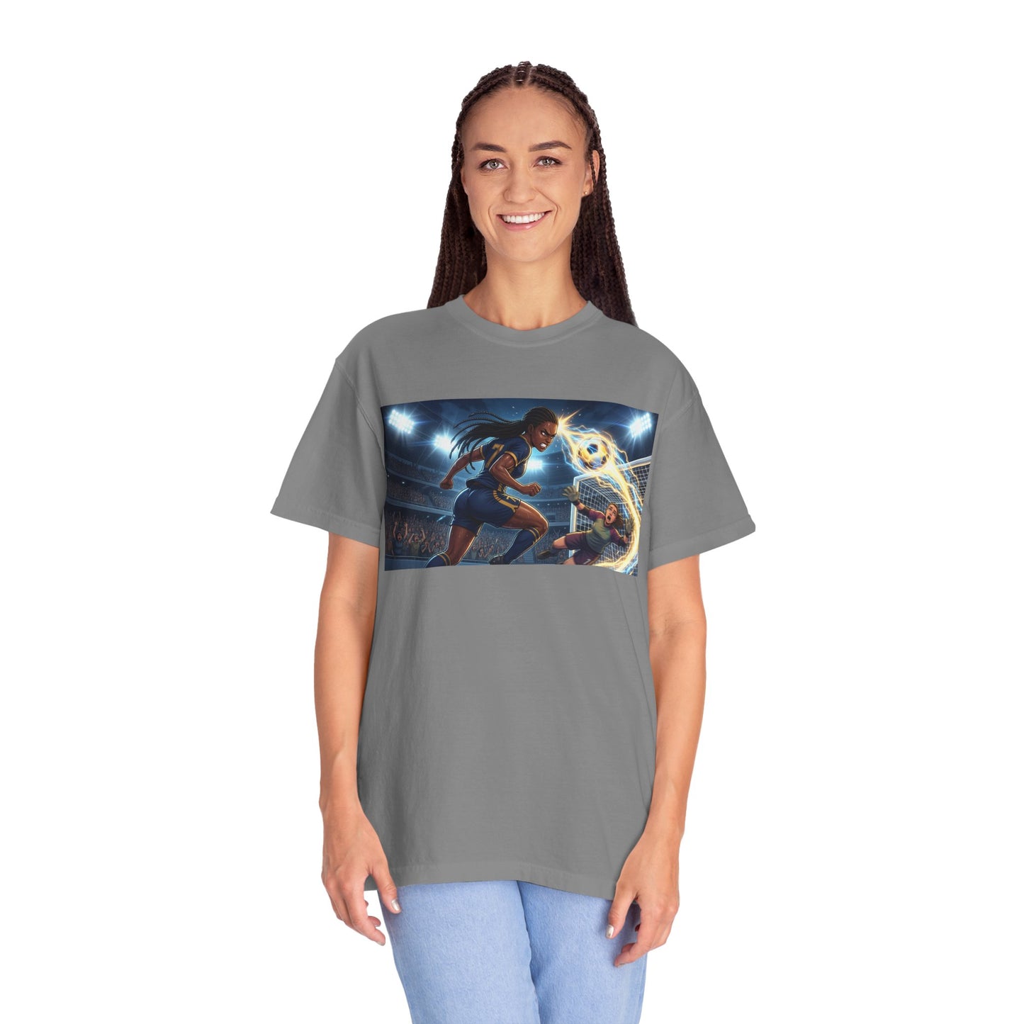 Soccer Duel Graphic T-Shirt — Futuristic Goalkeeper vs Striker Stadium Print