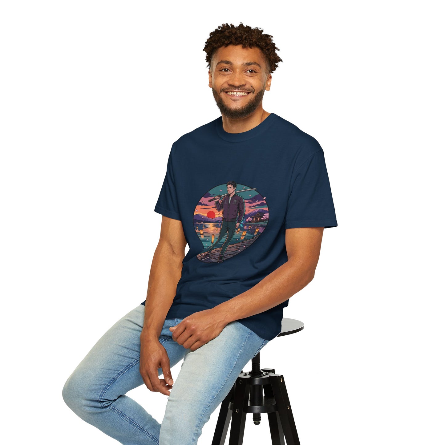 Vintage Night Harbor T-Shirt — Retro Sunset Fisherman Graphic Tee
