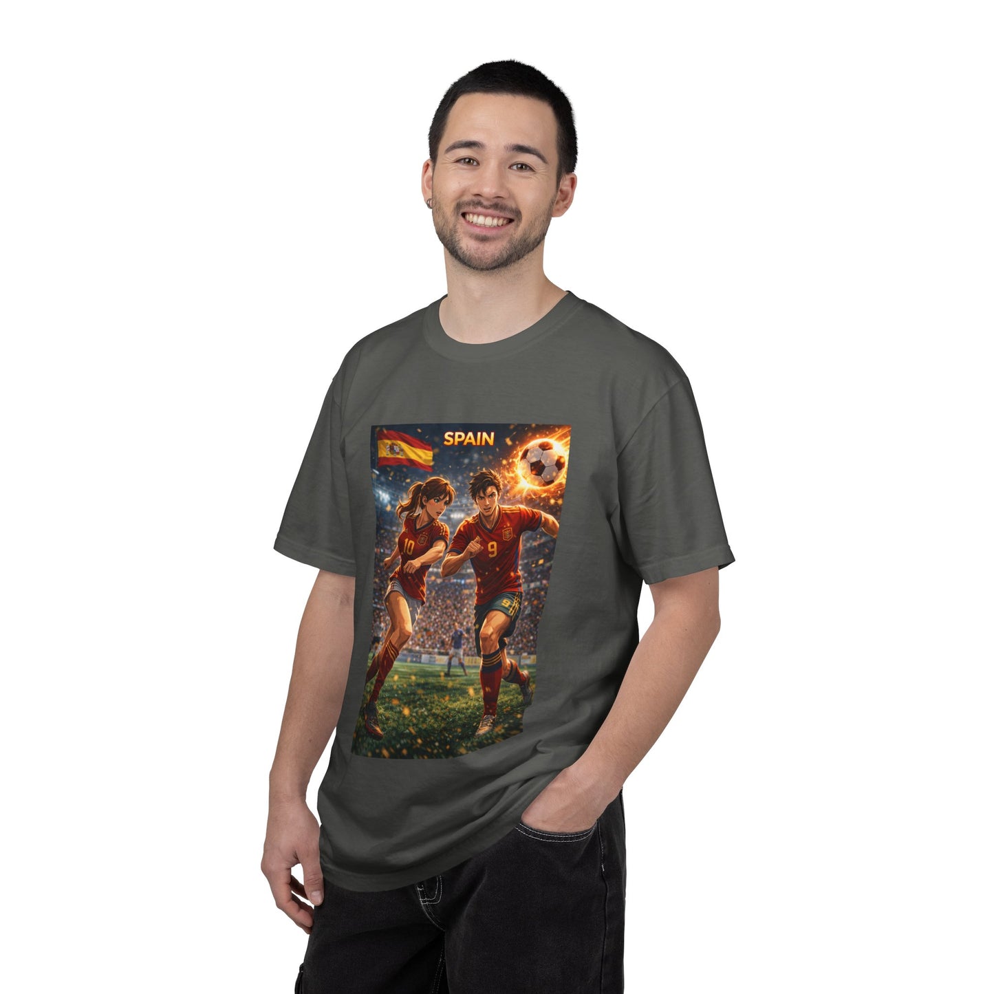 Spain Soccer Graphic T-Shirt — Retro Match Scene with Flag