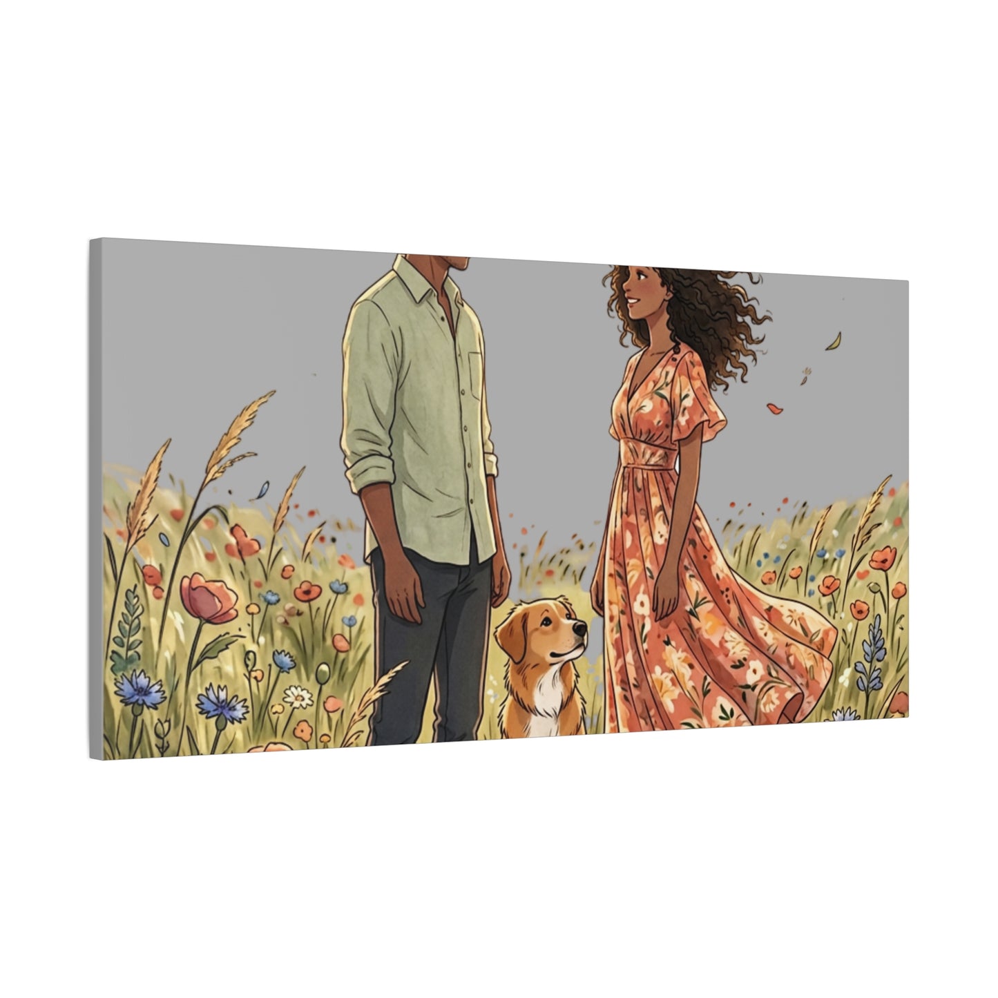 Romantic Couple in Wildflower Field Canvas Art — Black Love Wall Decor with Dog