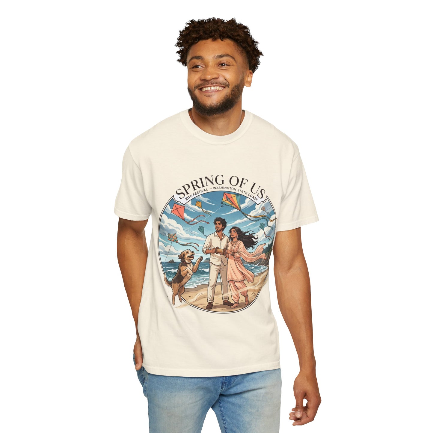 Spring of Us T-Shirt — Romantic Beach Couple Illustration with Dog