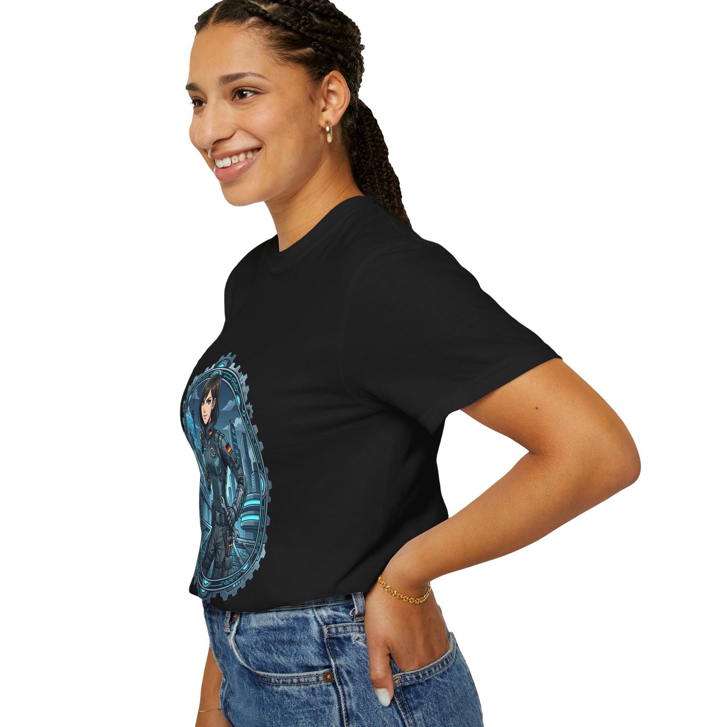 Cyber Ninja Graphic T-Shirt — Futuristic Female Warrior Illustration