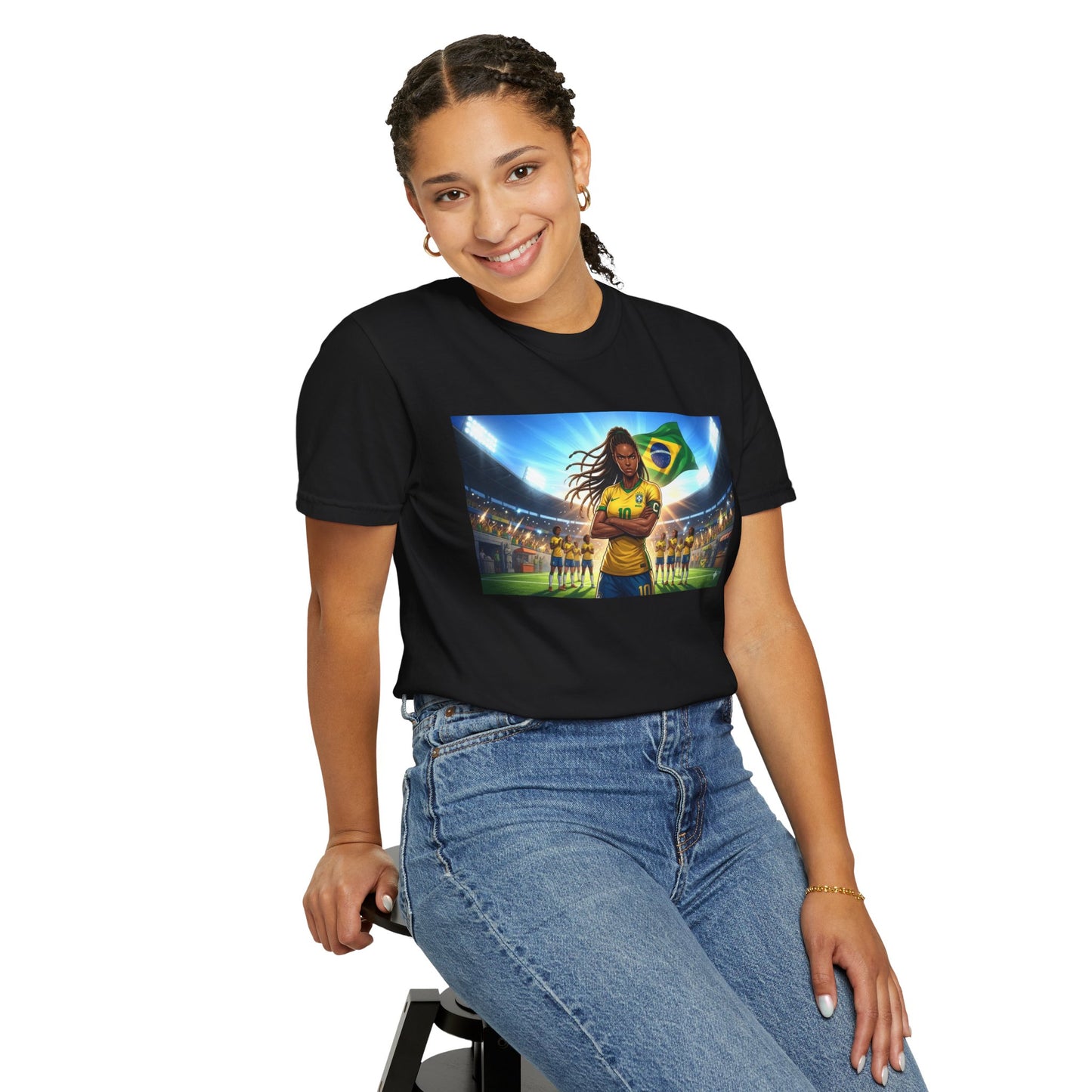 Brazil Soccer Captain T-Shirt — Player Holding Ball with Brazilian Flag Stadium Graphic