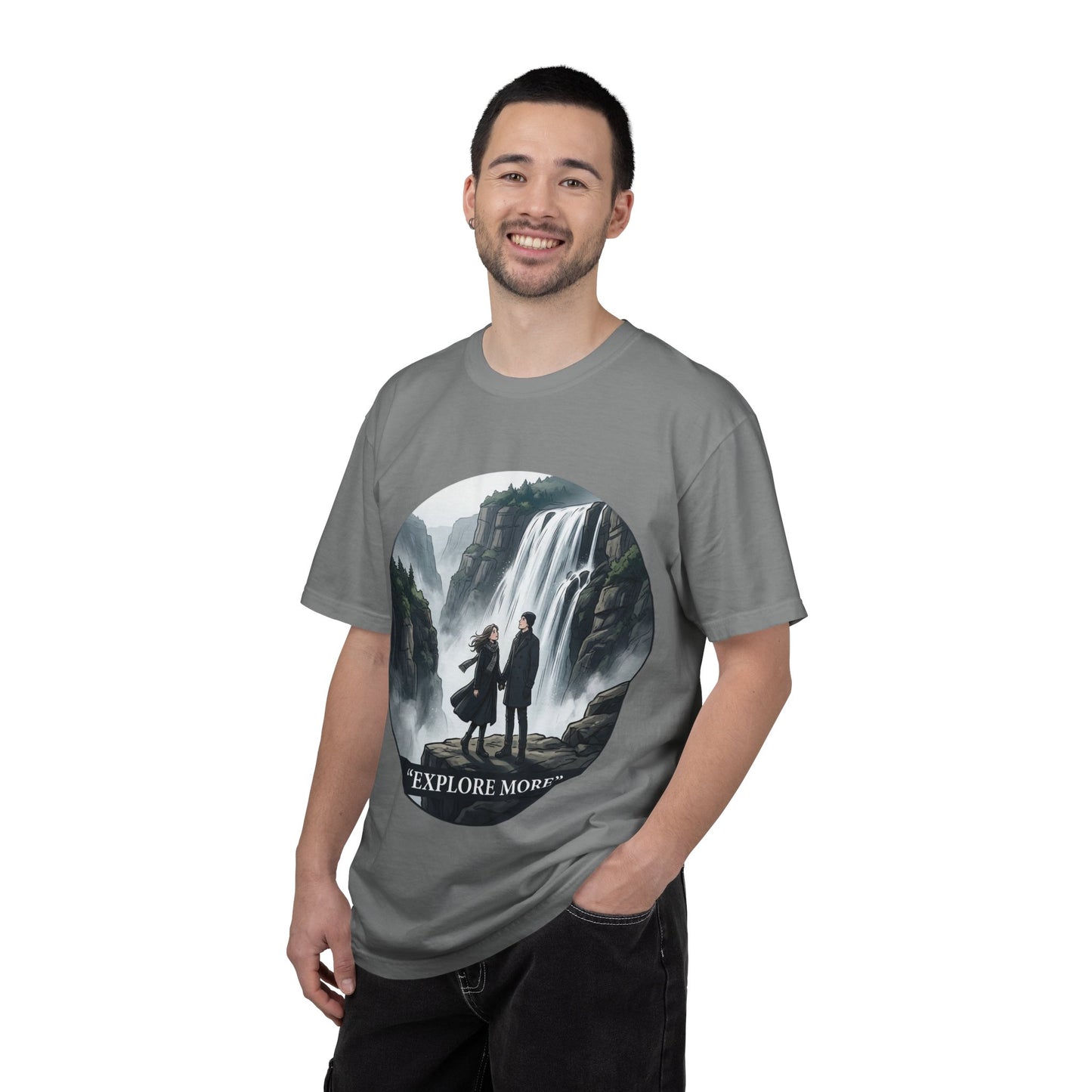 Explore More T-Shirt — Adventure Graphic Tee with Waterfall Scene
