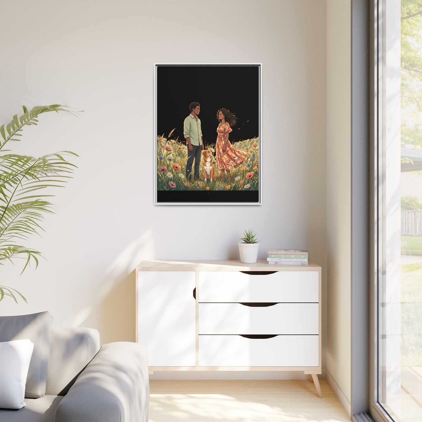 Framed Matte Canvas Print — Romantic Couple in Wildflower Field (Multi‑Color)