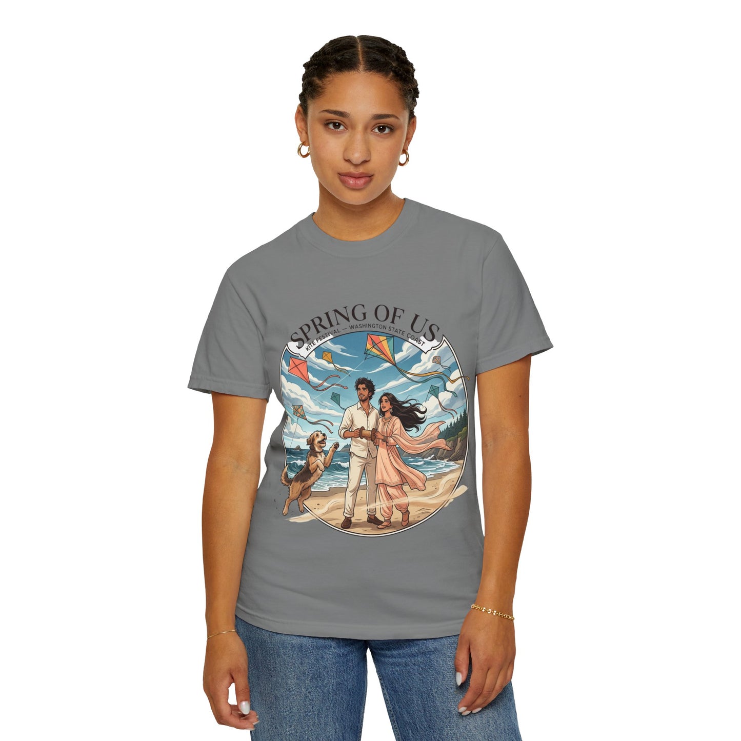 Spring of Us T-Shirt — Romantic Beach Couple Illustration with Dog