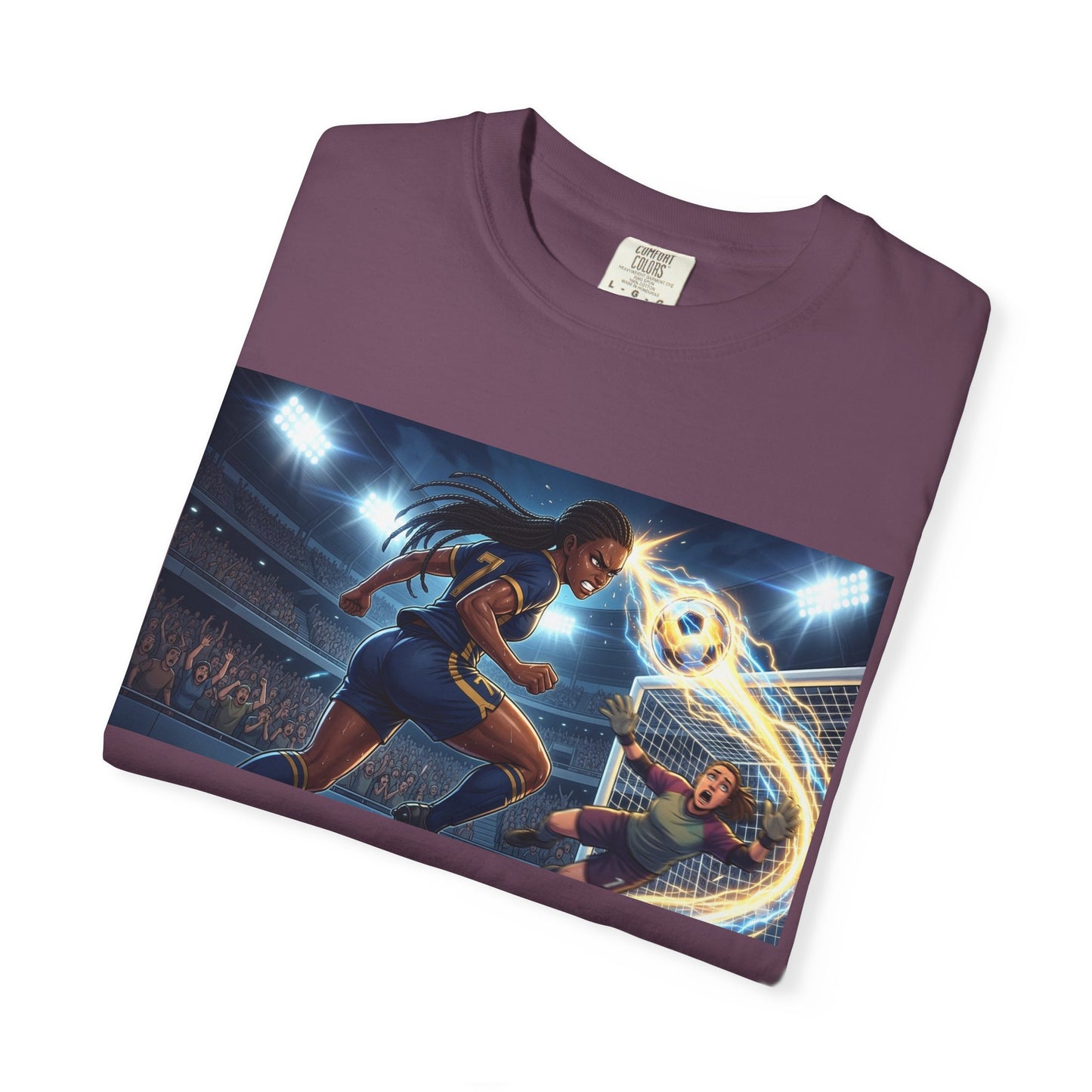 Soccer Duel Graphic T-Shirt — Futuristic Goalkeeper vs Striker Stadium Print