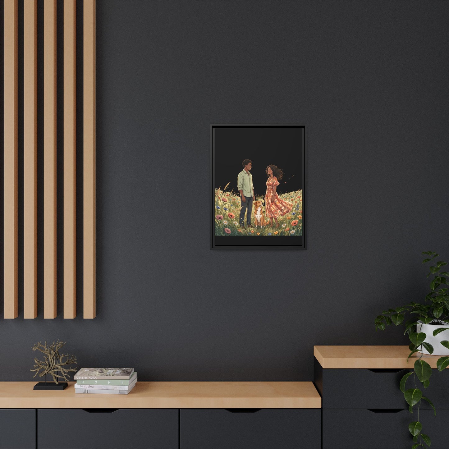 Framed Matte Canvas Print — Romantic Couple in Wildflower Field (Multi‑Color)