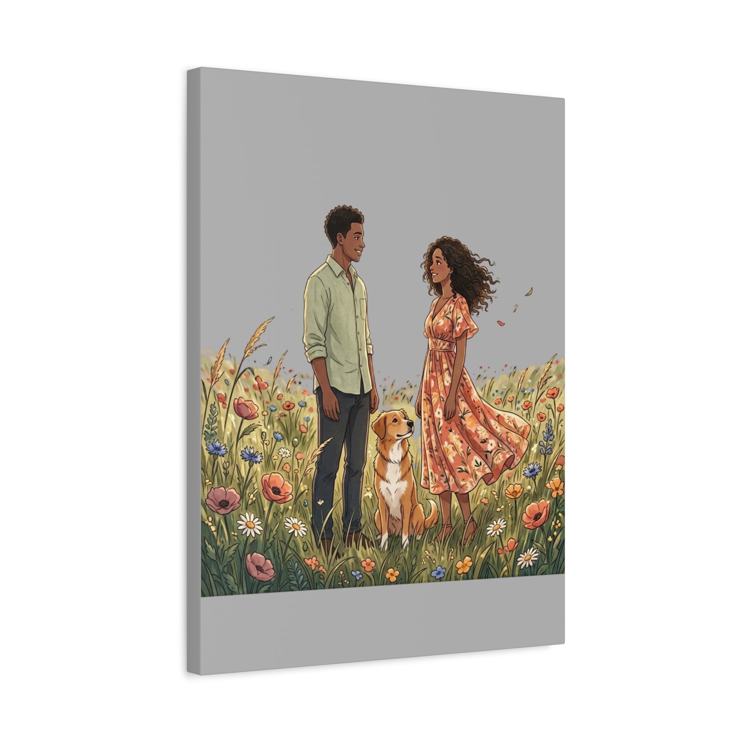 Romantic Couple in Wildflower Field Canvas Art — Black Love Wall Decor with Dog