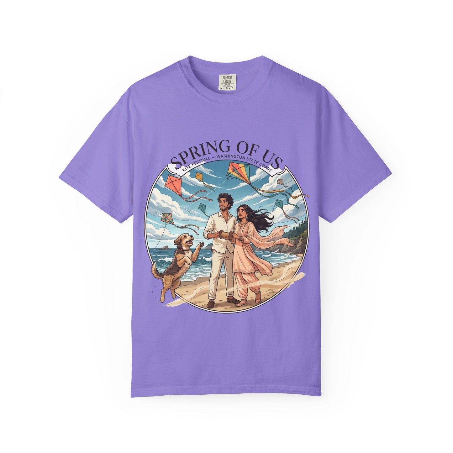 Spring of Us T-Shirt — Romantic Beach Couple Illustration with Dog