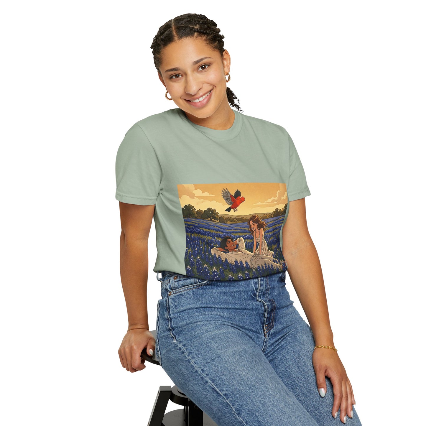 Romantic Bluebonnet Field T-Shirt — Couple in Wildflower Meadow Art Tee