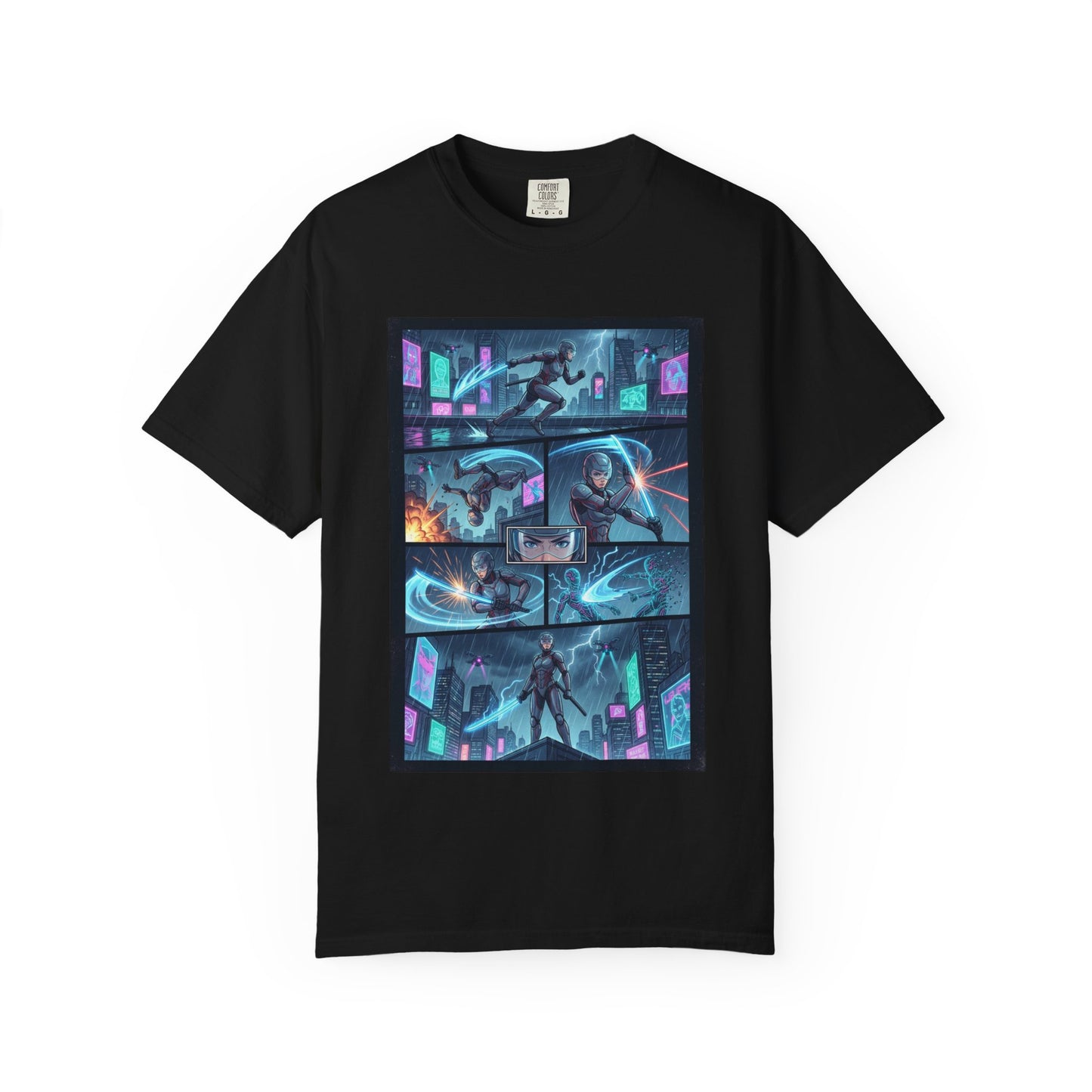 Cyberpunk Girl Samurai T-Shirt — Neon Manga Panel Graphic Tee