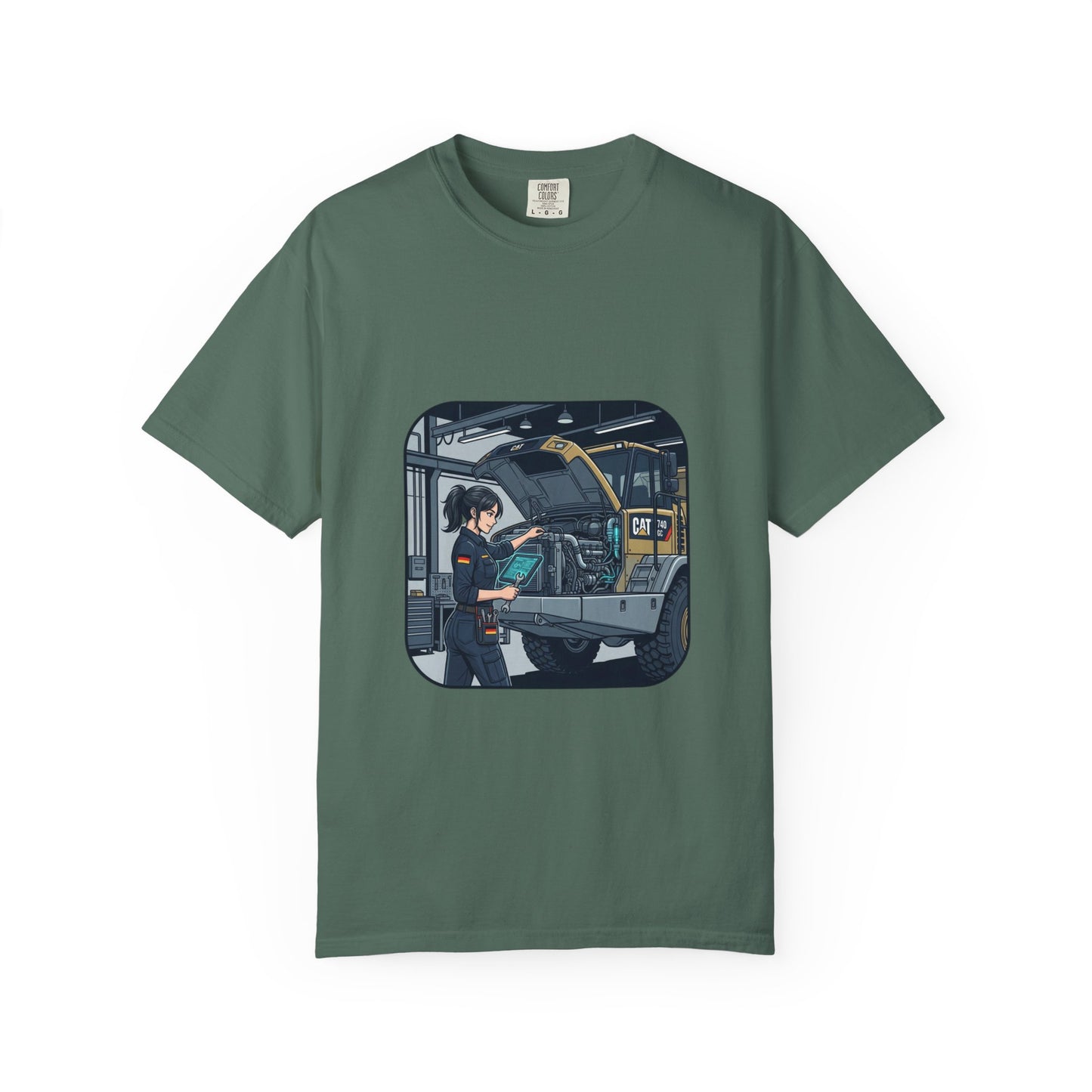 Mechanic Garage Scene T-Shirt — Vintage Truck Repair Illustration