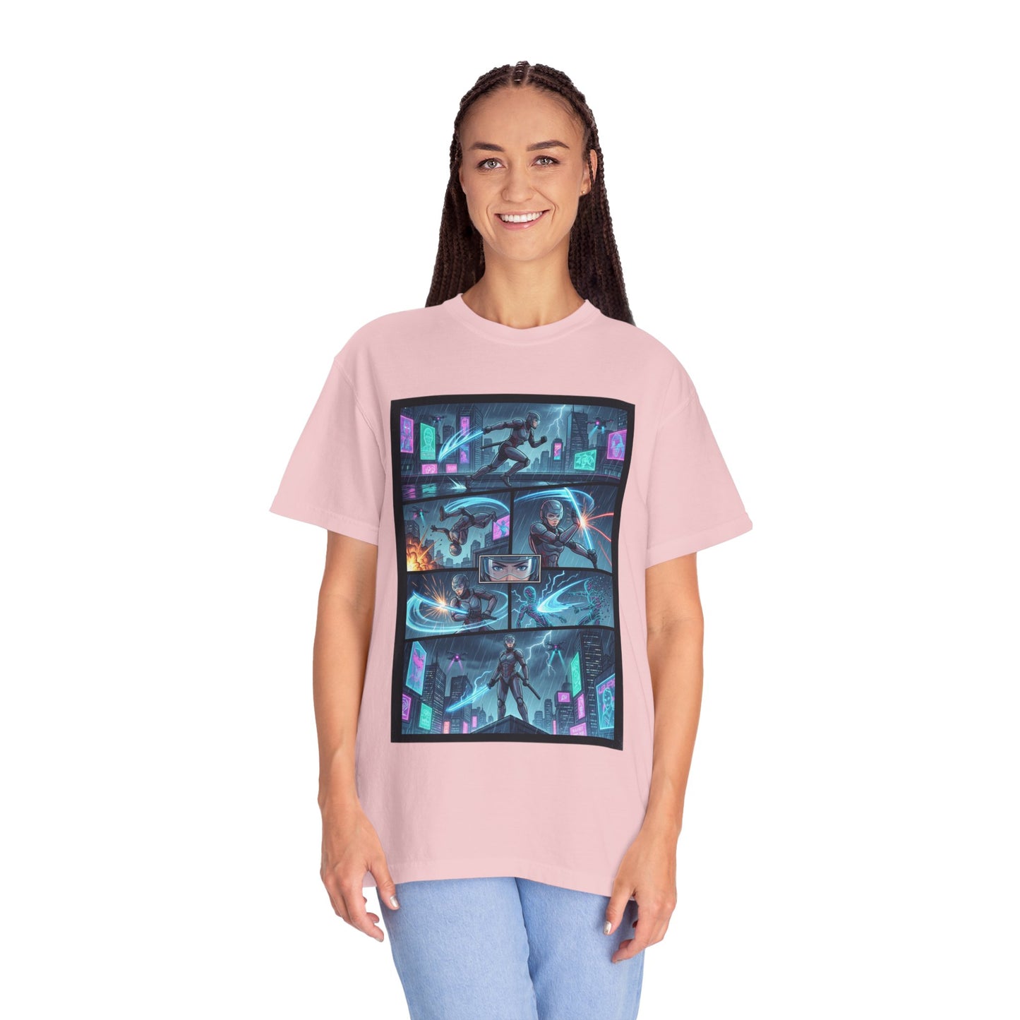 Cyberpunk Girl Samurai T-Shirt — Neon Manga Panel Graphic Tee