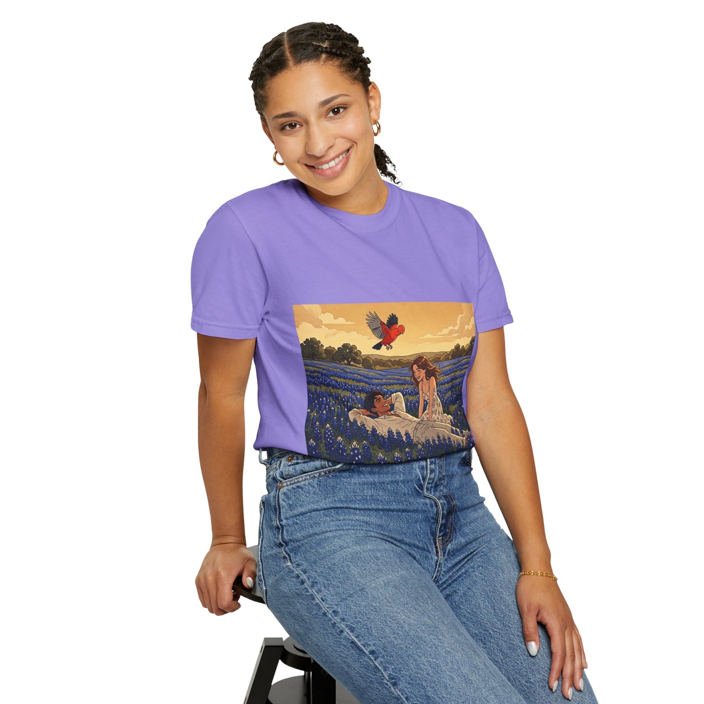 Romantic Bluebonnet Field T-Shirt — Couple in Wildflower Meadow Art Tee
