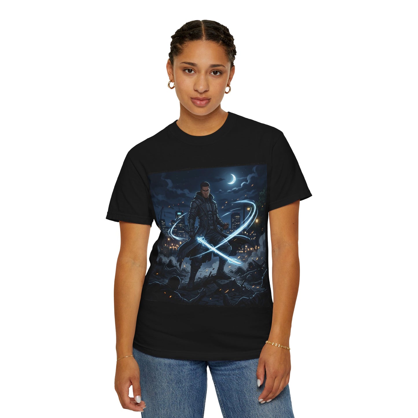 Urban Night Warrior T-Shirt — Neon Samurai Cityscape