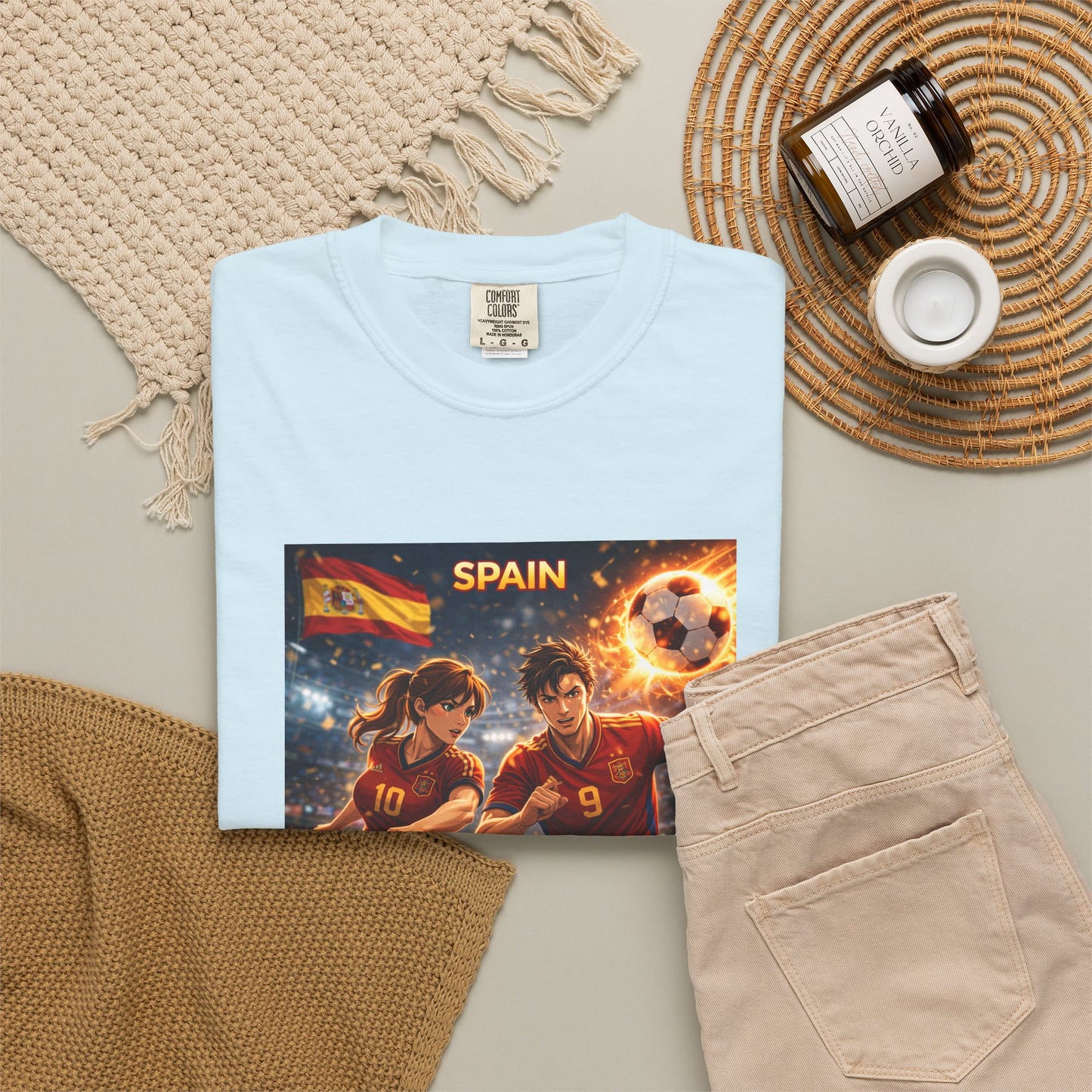 Spain Soccer Graphic T-Shirt — Retro Match Scene with Flag