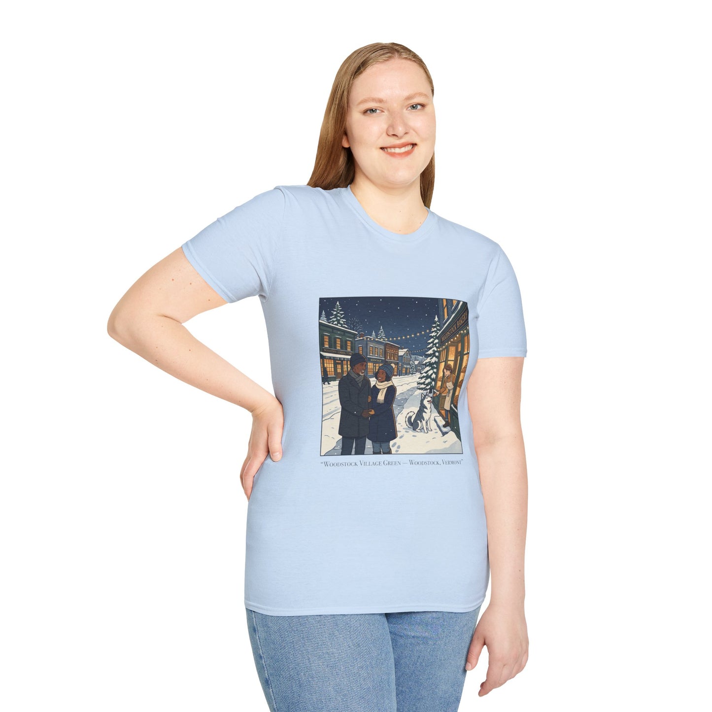 Winter String Lights Stroll T-Shirt — Cozy Holiday Street Scene Graphic Tee