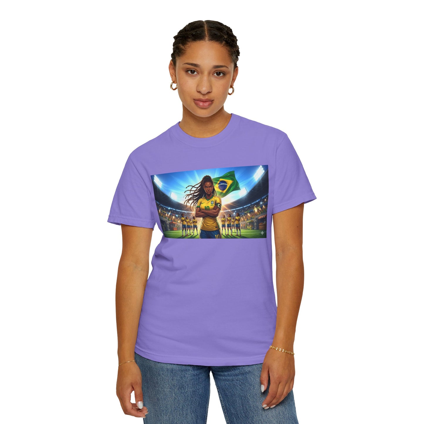 Brazil Soccer Captain T-Shirt — Player Holding Ball with Brazilian Flag Stadium Graphic