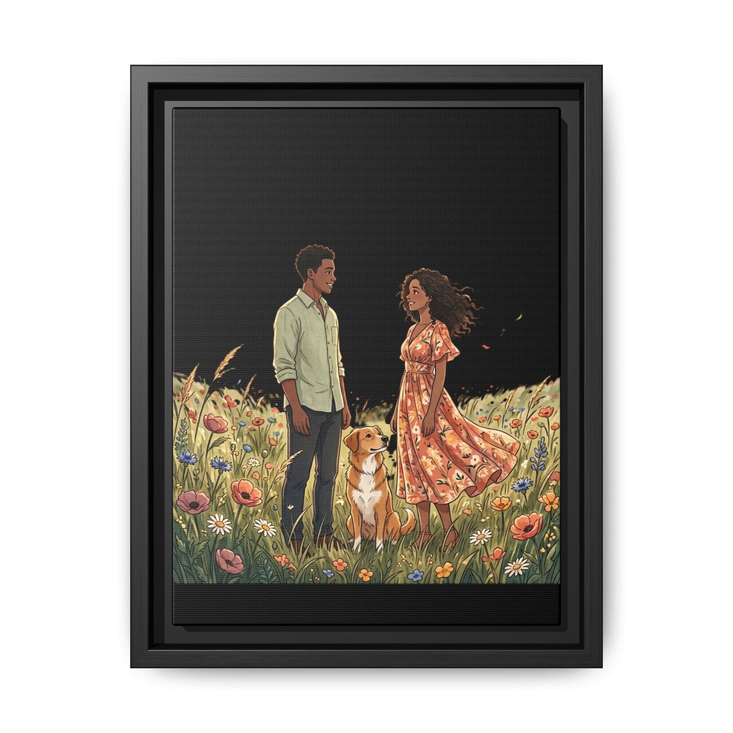 Framed Matte Canvas Print — Romantic Couple in Wildflower Field (Multi‑Color)