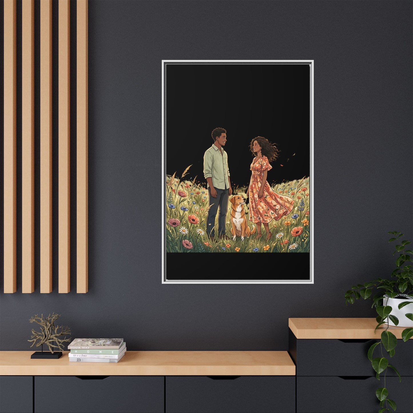 Framed Matte Canvas Print — Romantic Couple in Wildflower Field (Multi‑Color)