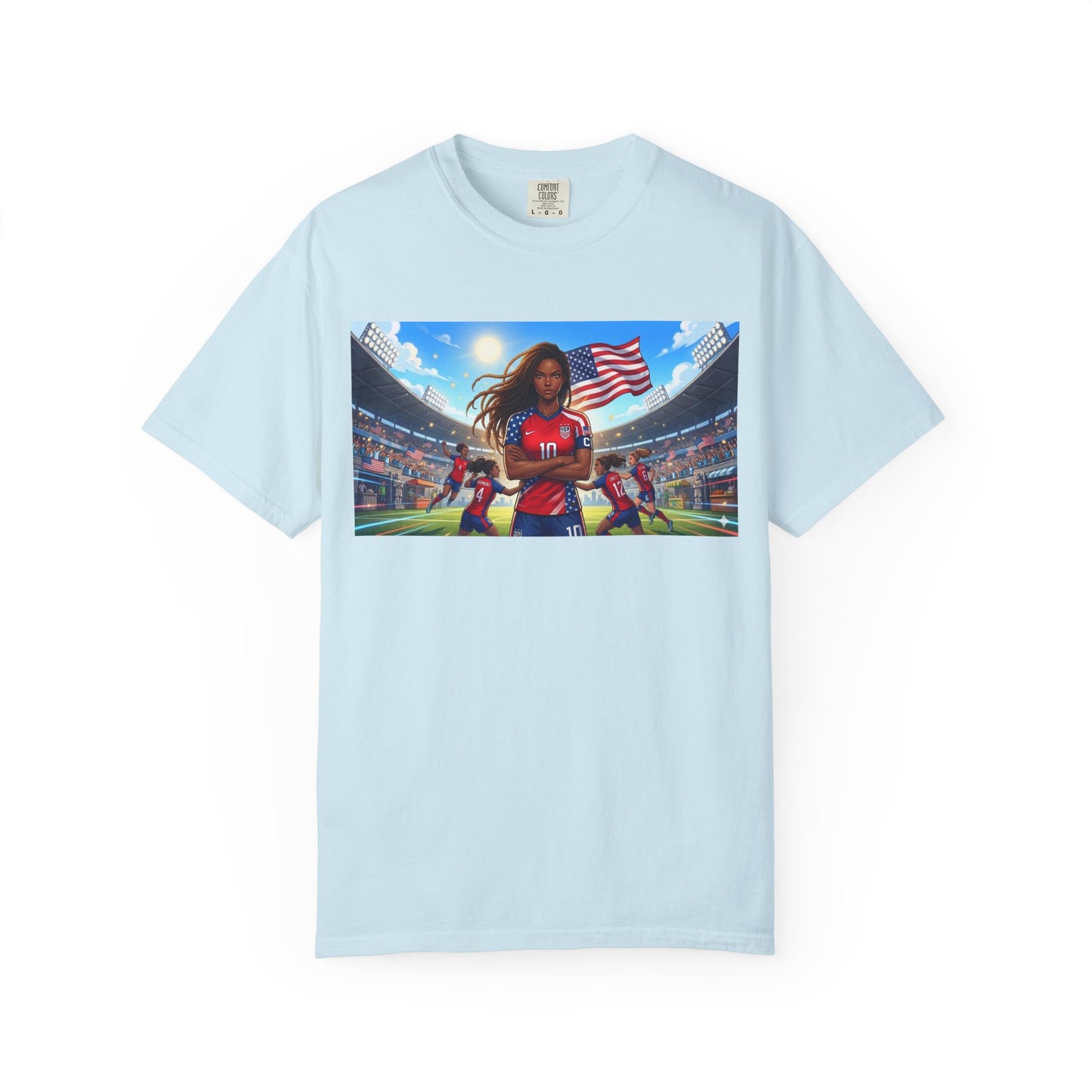 Soccer Mom USA T-Shirt — Female Soccer Player with American Flag Stadium Graphic