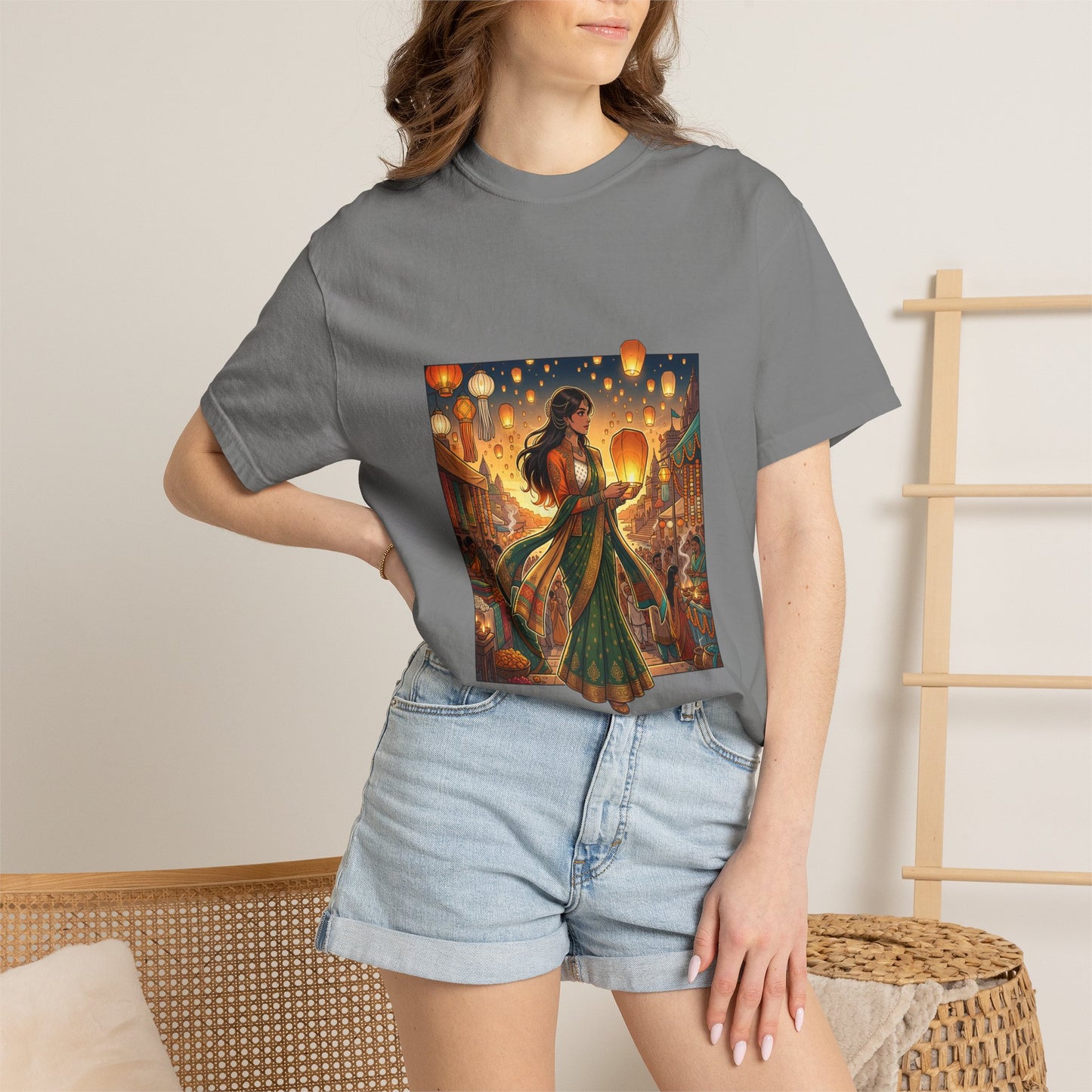 Diwali Lantern Festival T-Shirt — Indian Dancer with Floating Sky Lanterns