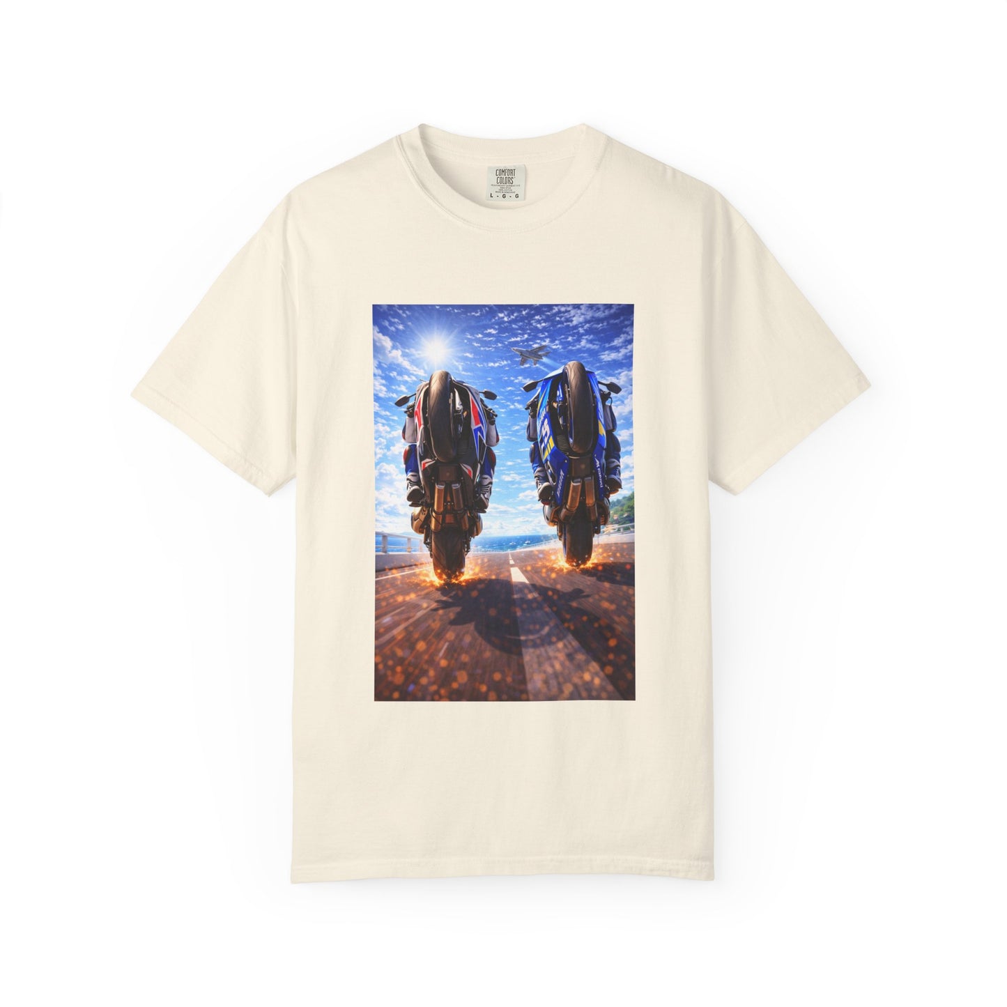 Motorcycle Sunset T-Shirt — Two Bikes Riding Into the Horizon