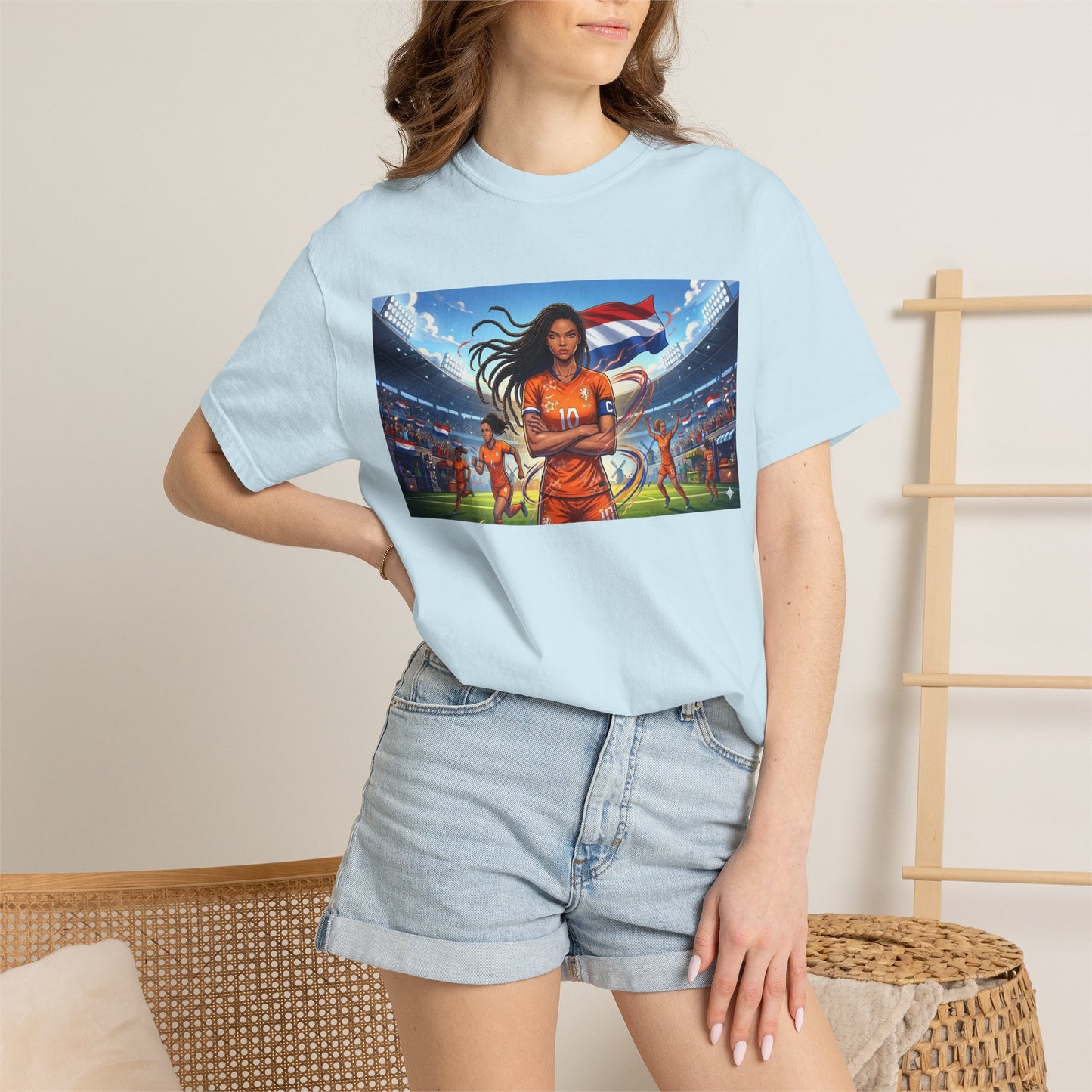 Soccer Warrior T-Shirt — Netherlands Female Captain with Flag Stadium Graphic