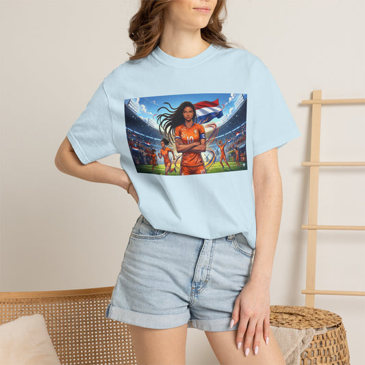 Soccer Warrior T-Shirt — Netherlands Female Captain with Flag Stadium Graphic