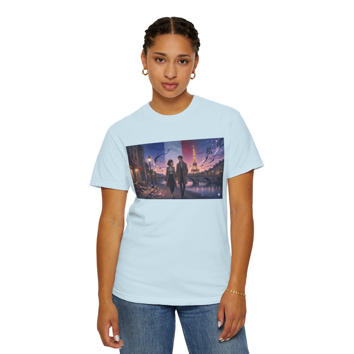 Couple Walking, Eiffel Tower - T-Shirt — Romantic Paris Nightscape Graphic Tee