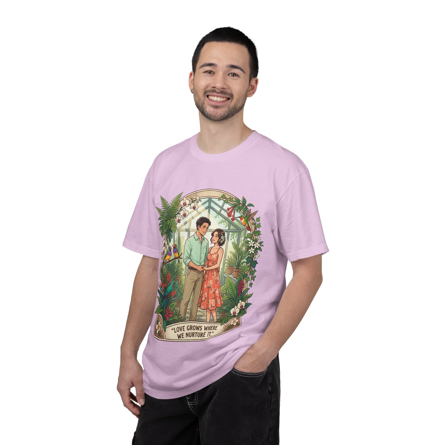 Romantic Greenhouse Couples T-Shirt — “Love Grows Where We Nurture It”