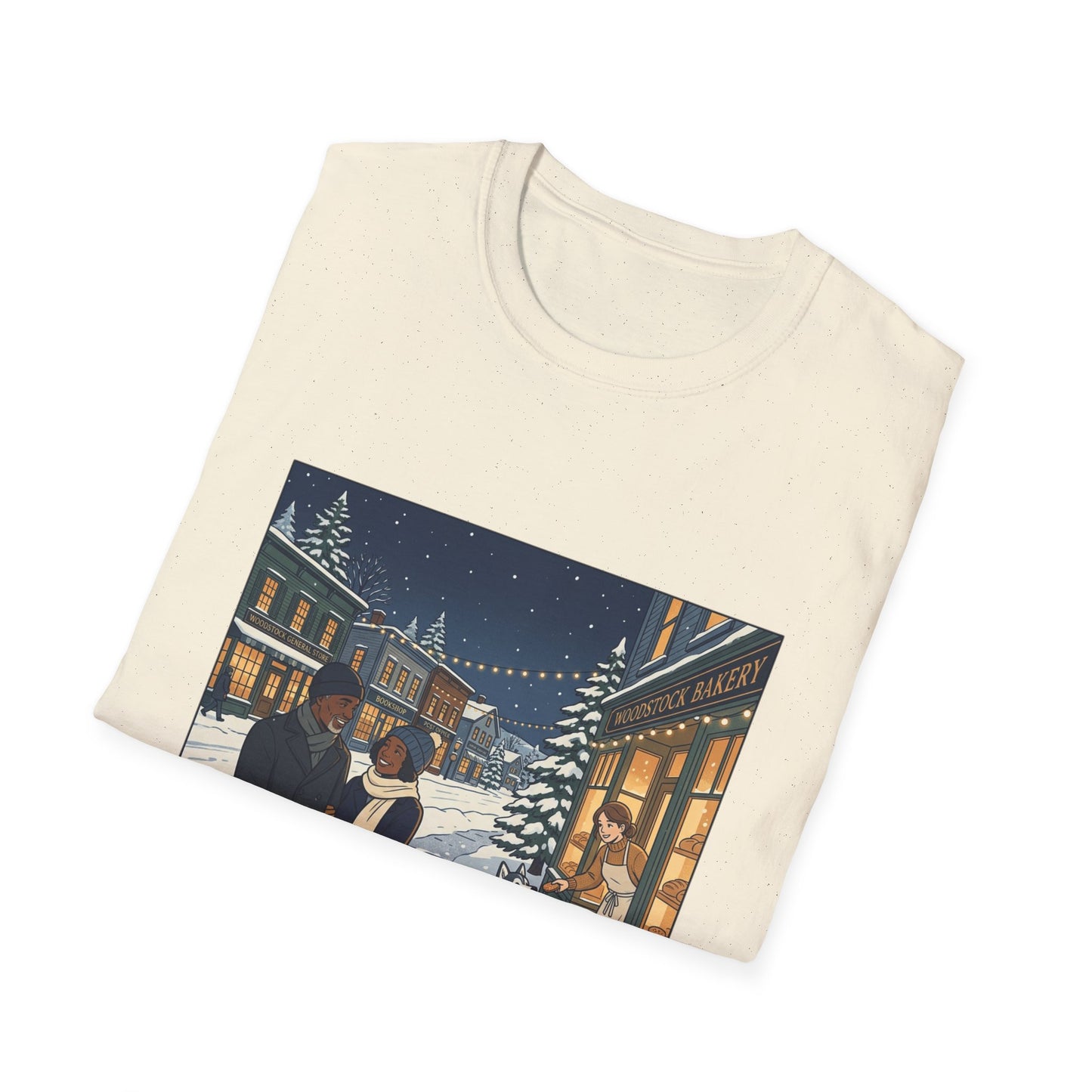Winter String Lights Stroll T-Shirt — Cozy Holiday Street Scene Graphic Tee