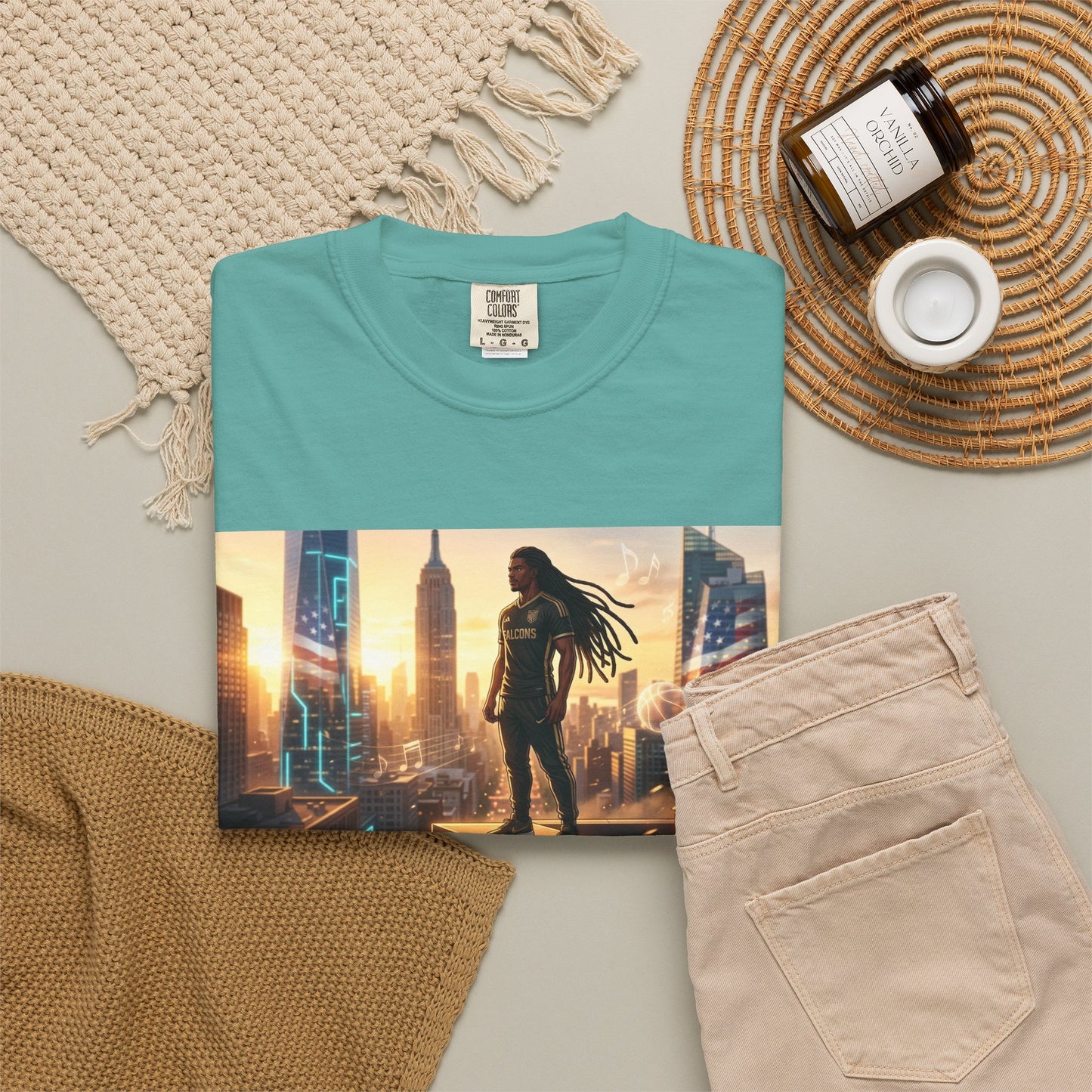 Cyberpunk Cityscape T-Shirt — Silhouette Hero at Sunset