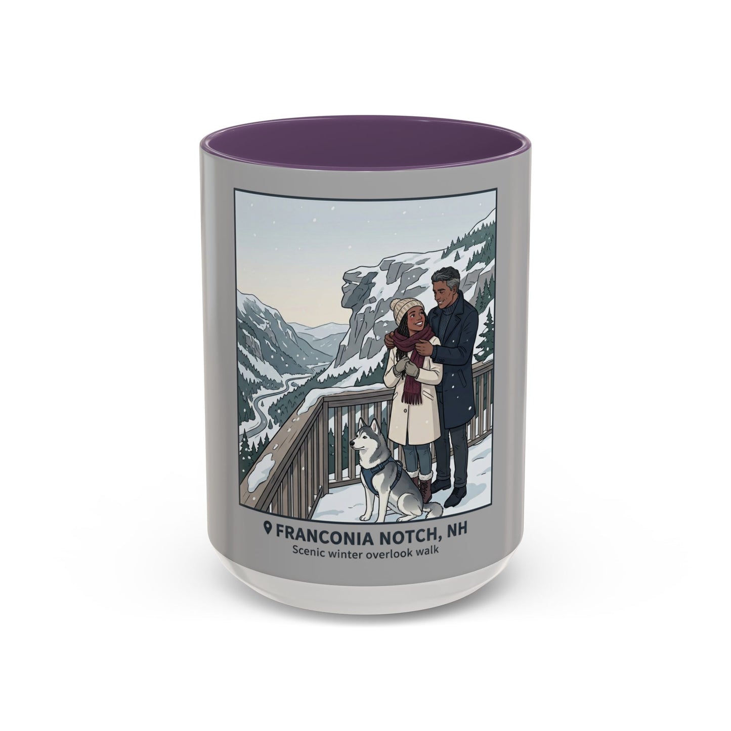Franconia Notch Scenic Winter Mug — Couples & Dog Snowy Overlook Coffee Cup (11/15oz)