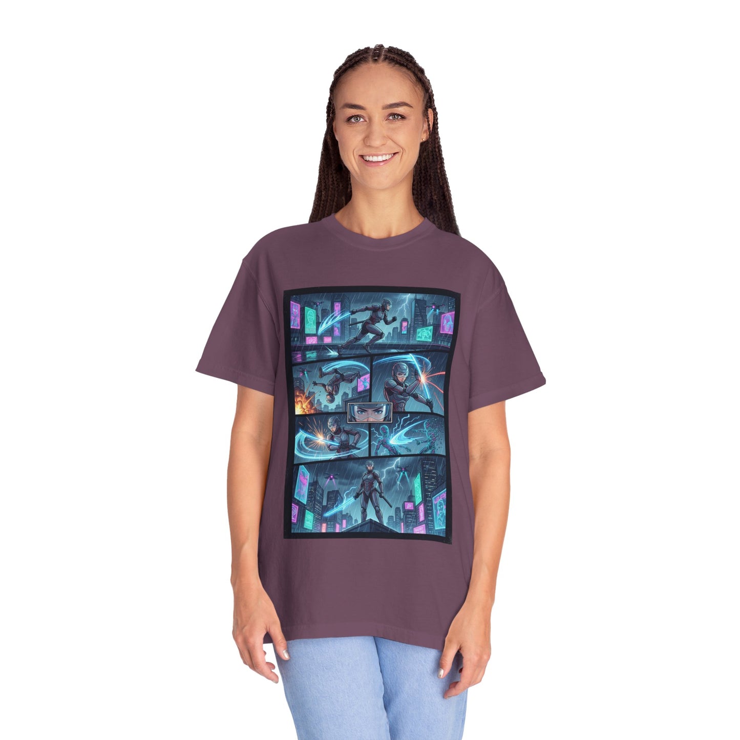 Cyberpunk Girl Samurai T-Shirt — Neon Manga Panel Graphic Tee