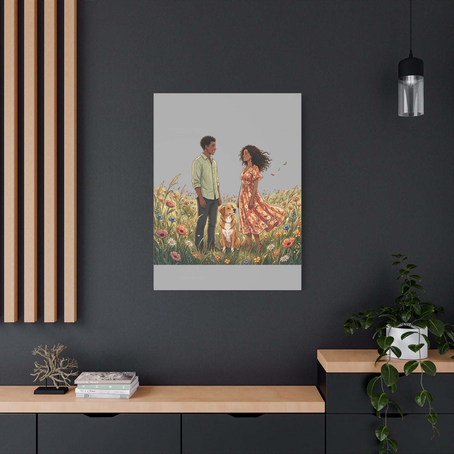 Romantic Couple in Wildflower Field Canvas Art — Black Love Wall Decor with Dog