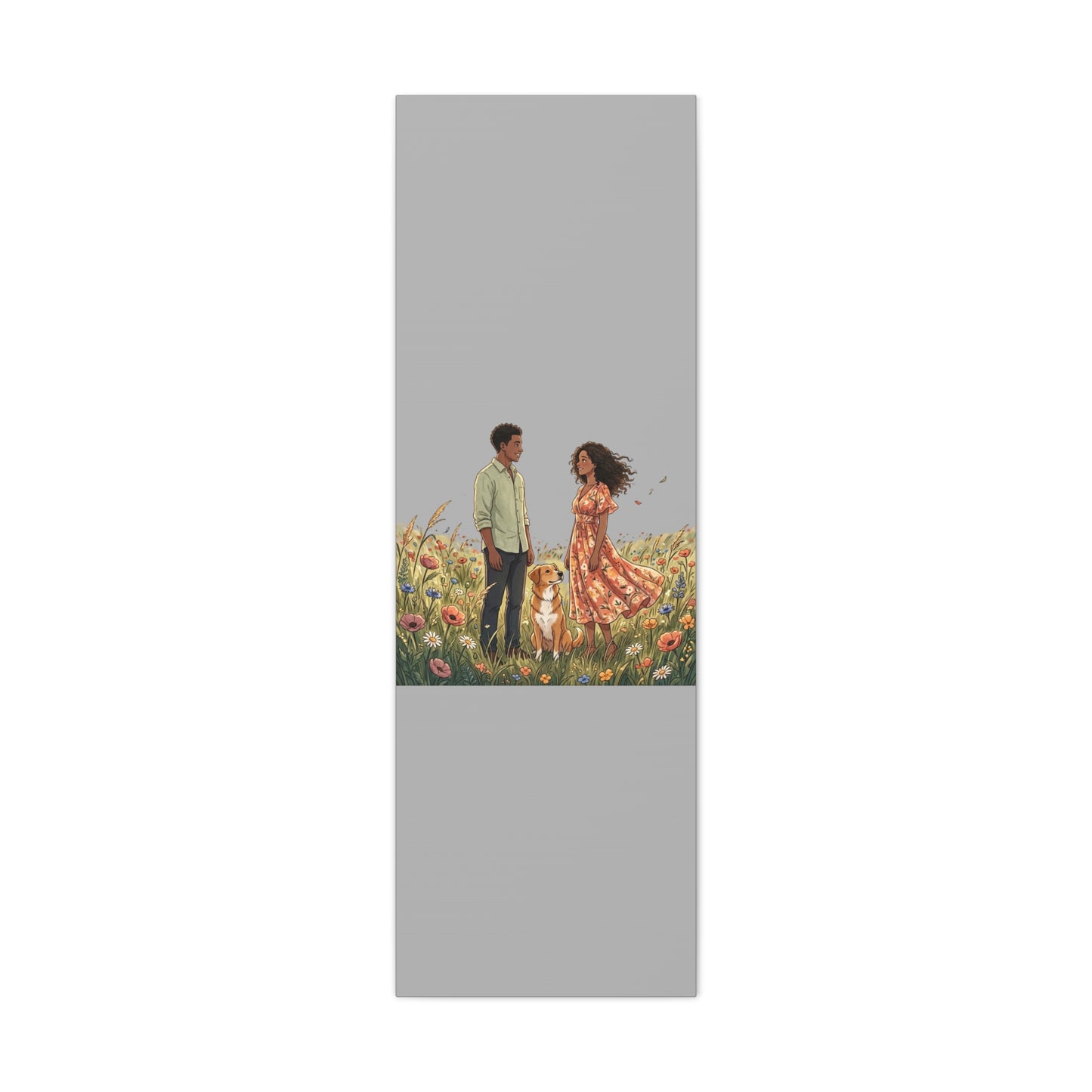 Romantic Couple in Wildflower Field Canvas Art — Black Love Wall Decor with Dog