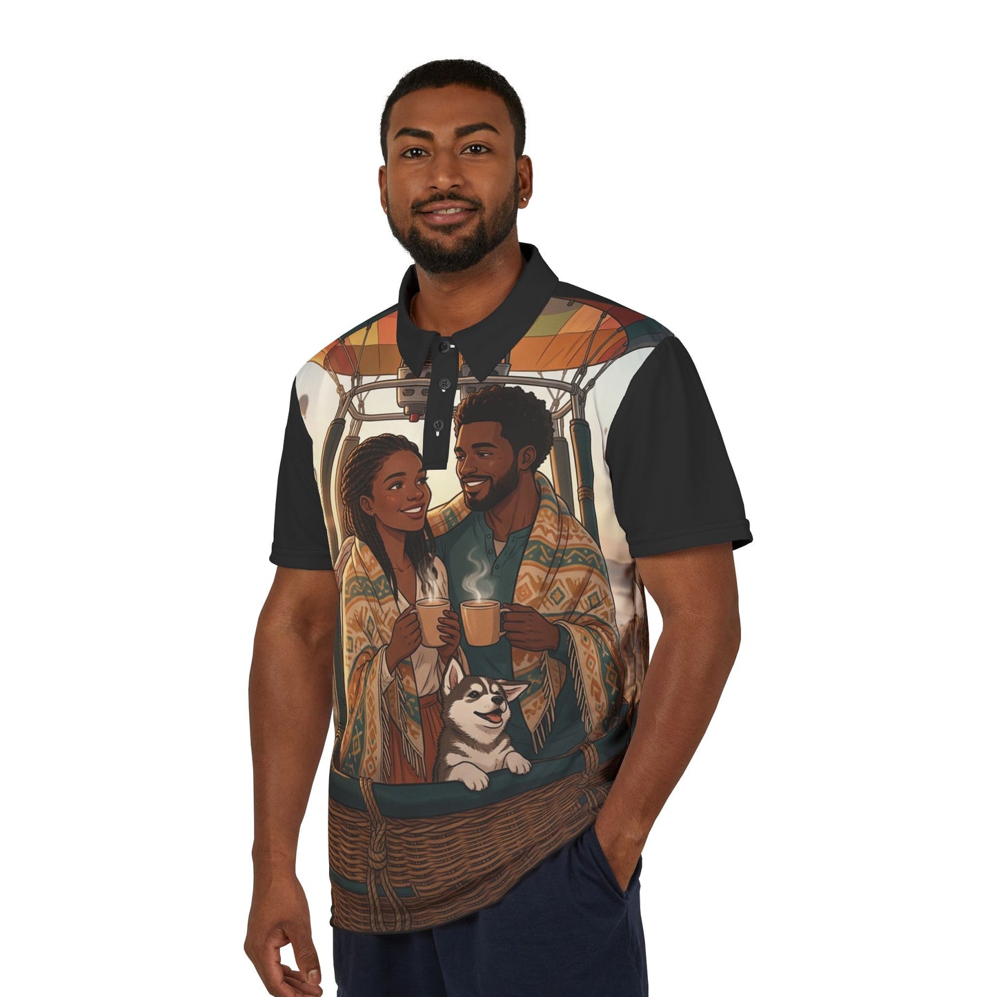 Hot Air Balloon Couple Polo Shirt – Romantic Scenic Travel Graphic Polo