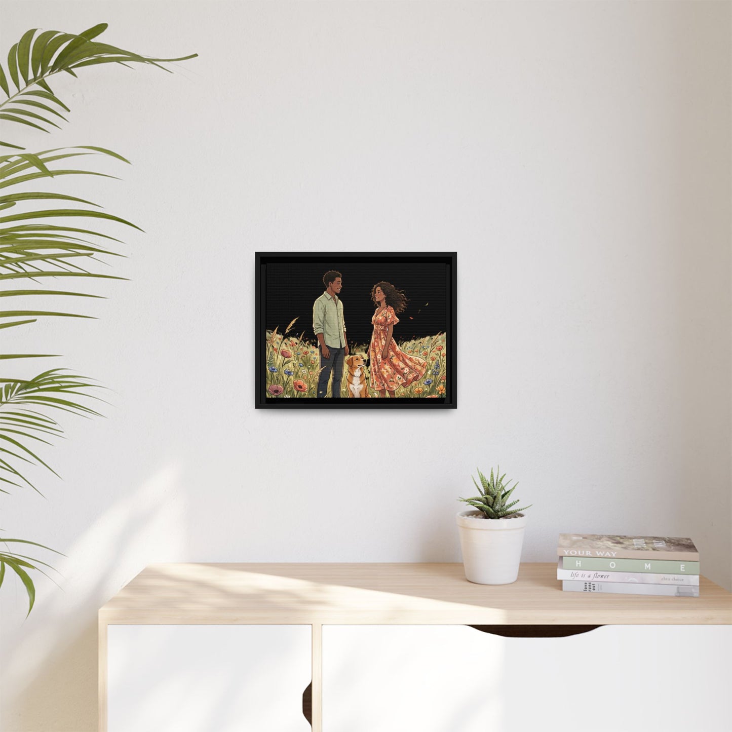 Framed Matte Canvas Print — Romantic Couple in Wildflower Field (Multi‑Color)