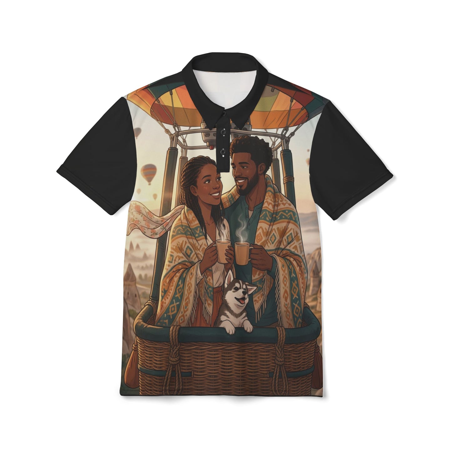 Hot Air Balloon Couple Polo Shirt – Romantic Scenic Travel Graphic Polo