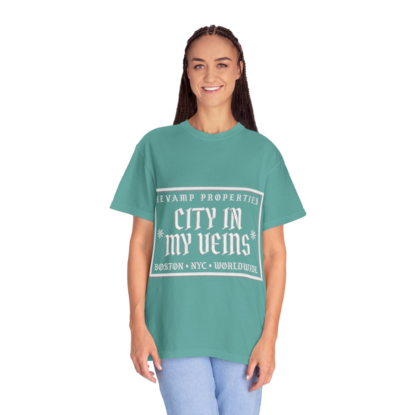 City In My Veins T‑Shirt — Vintage Cityscape Tee (Boston • NYC • Manchester)