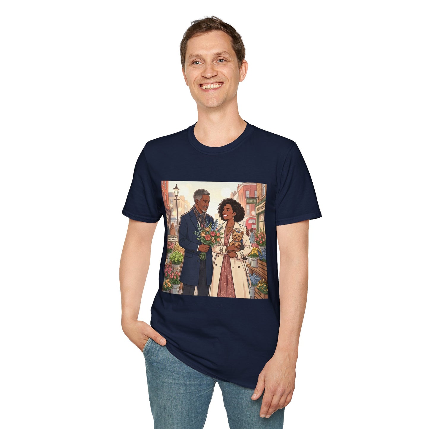 Romantic City Stroll T-Shirt — Couple Bouquet Illustration