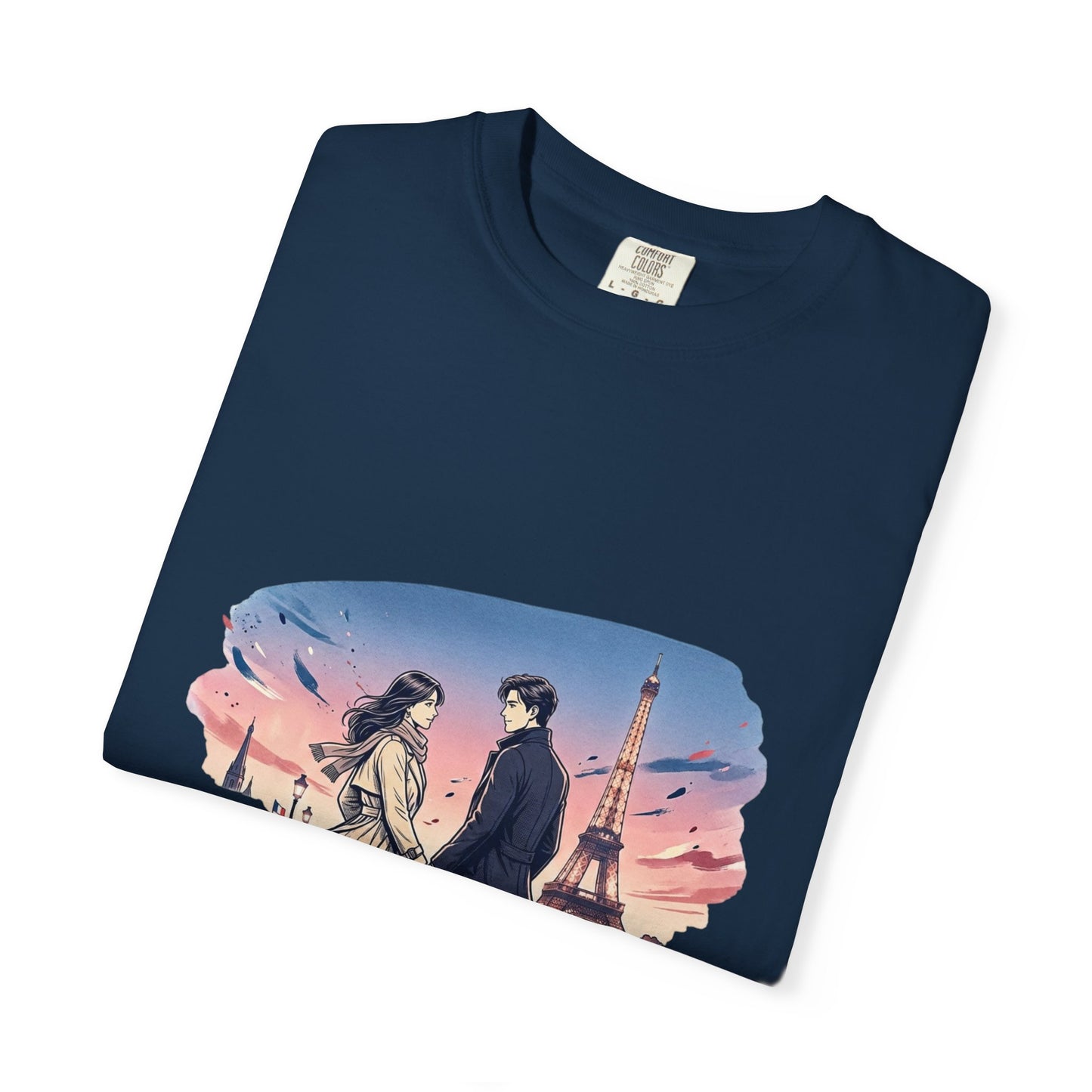 Paris Sunset Romance T-Shirt — Couple Walking by Eiffel Tower Graphic Tee