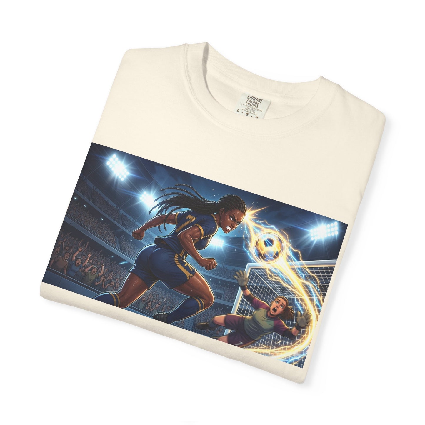 Soccer Duel Graphic T-Shirt — Futuristic Goalkeeper vs Striker Stadium Print